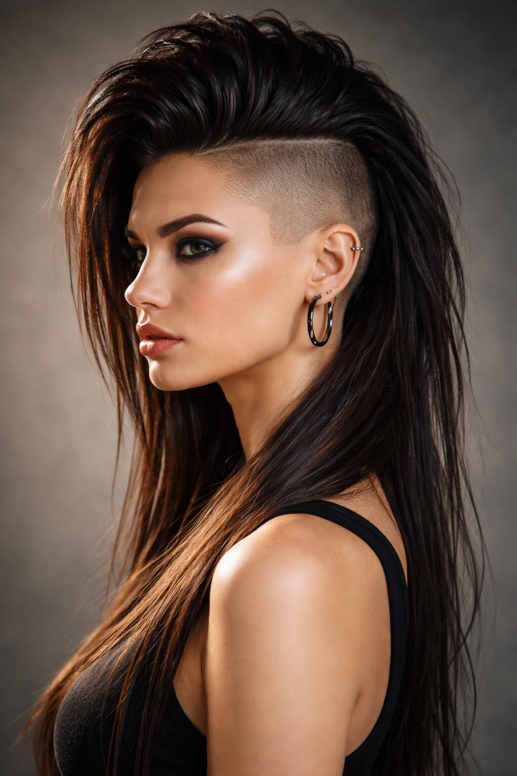 10 One Side Shaved Hairstyles For Bold Women 2 Full head view of a long mohawk with shaved sides highlighting the vertical hairline