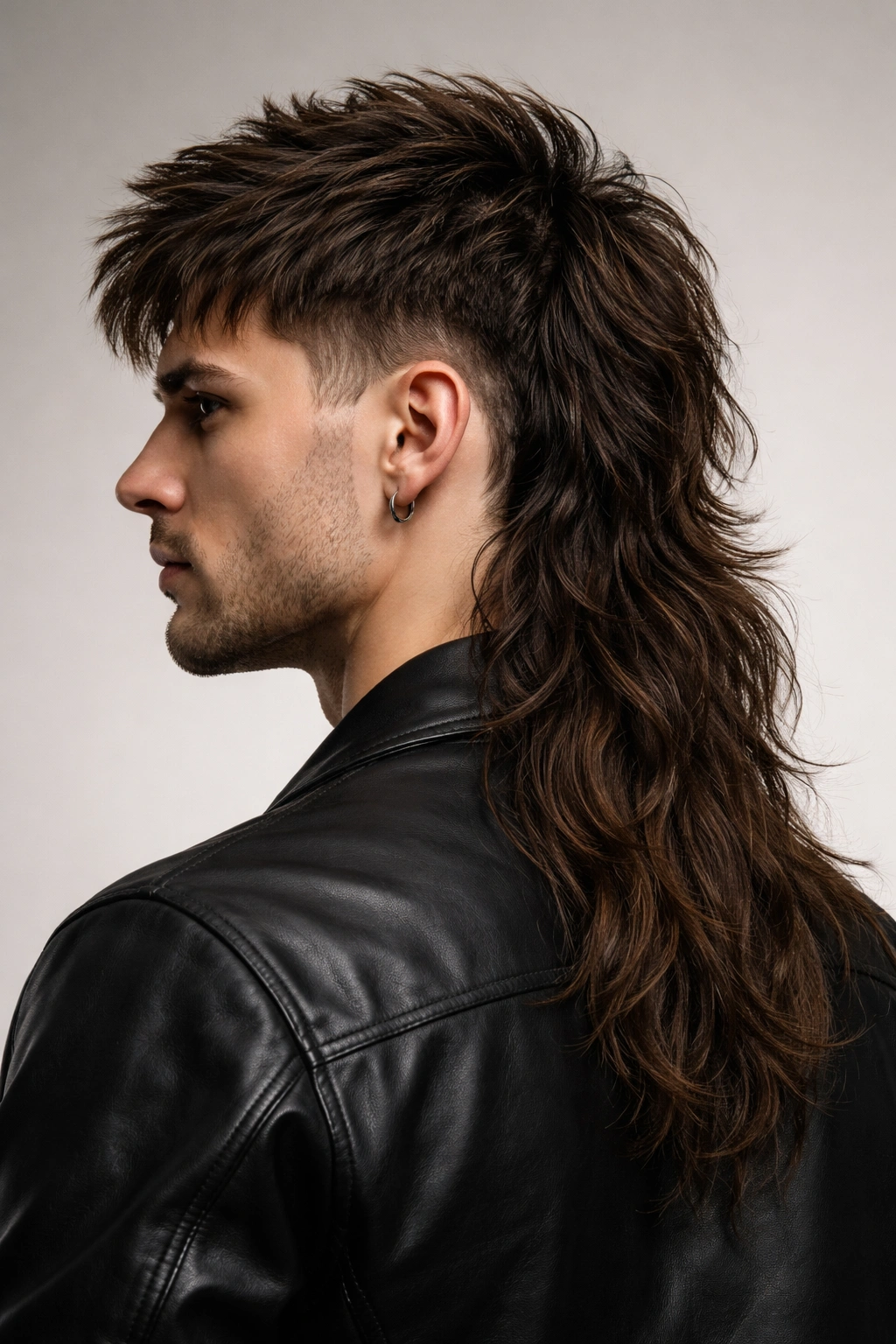 Side profile of a person with a long mullet extending past the collar