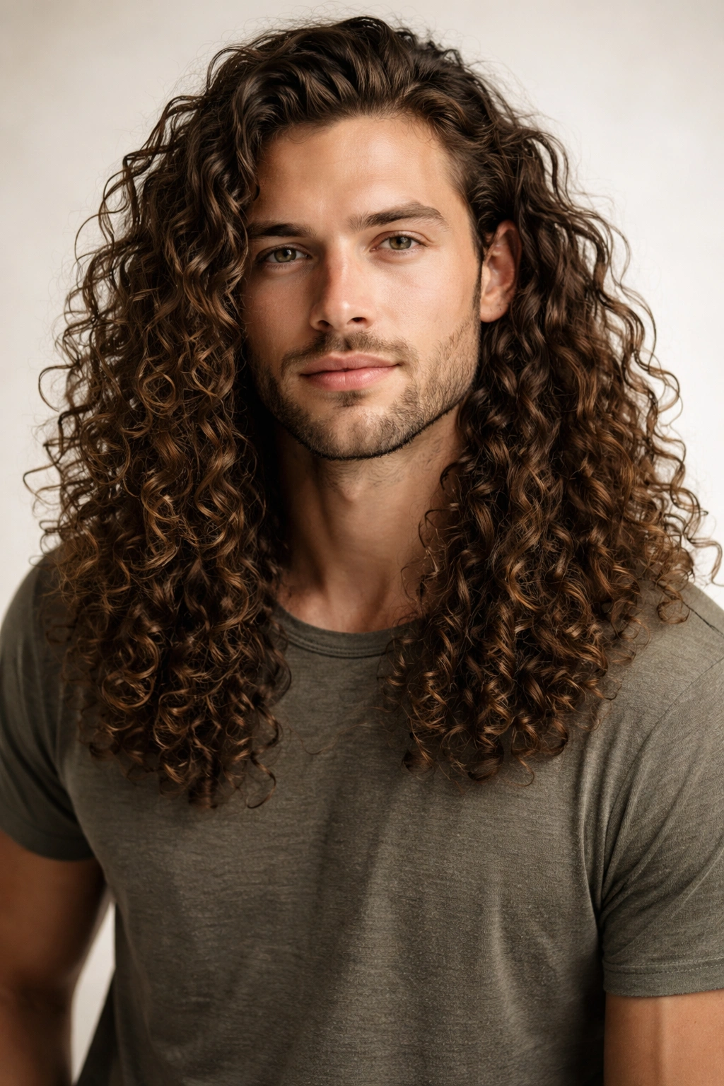 Portrait of a man with long natural curls over shoulders