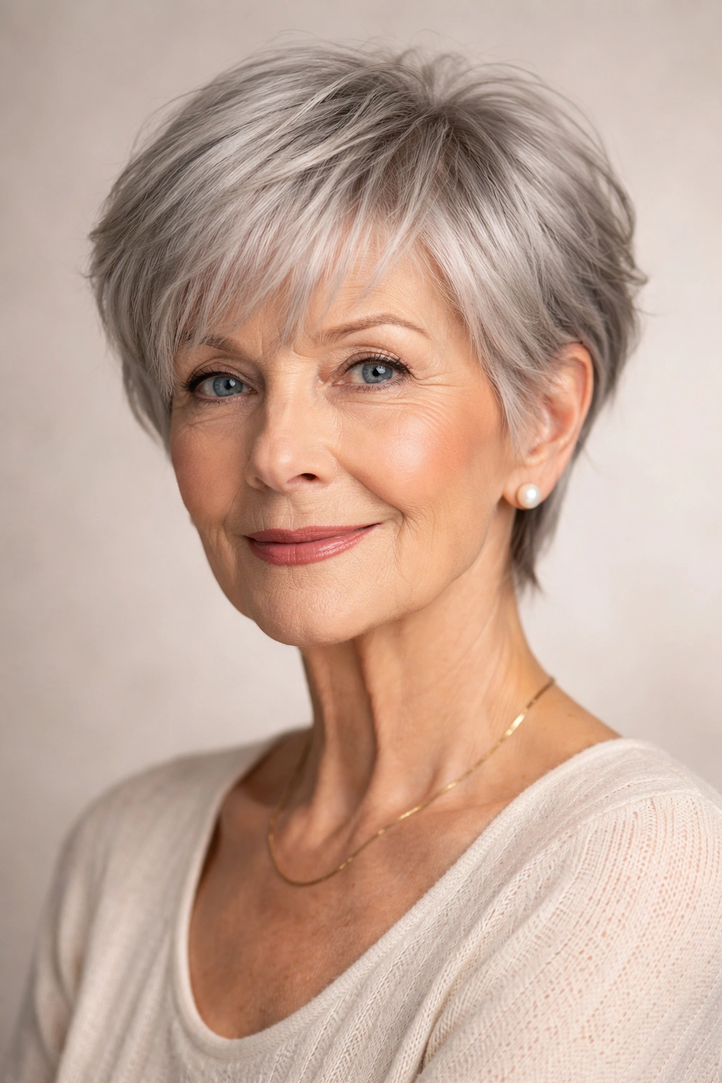 Portrait of elderly woman with long pixie bangs and gray hair.