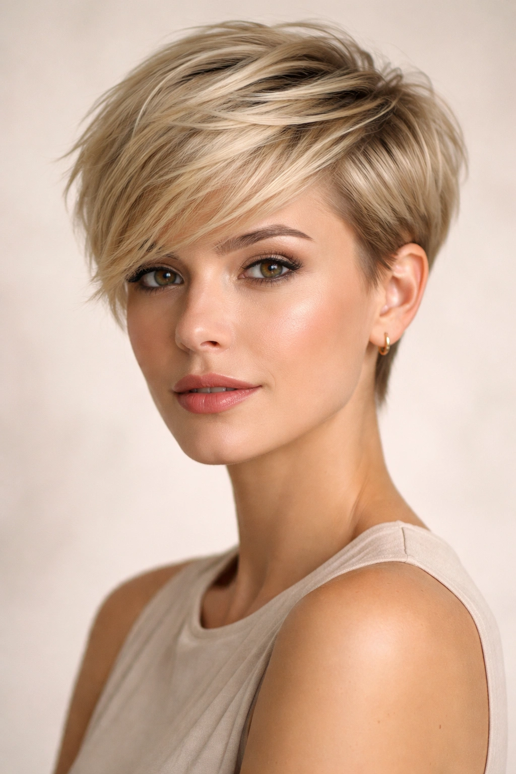 Blonde model with a long pixie showing longer top and tapered sides for versatile styling.