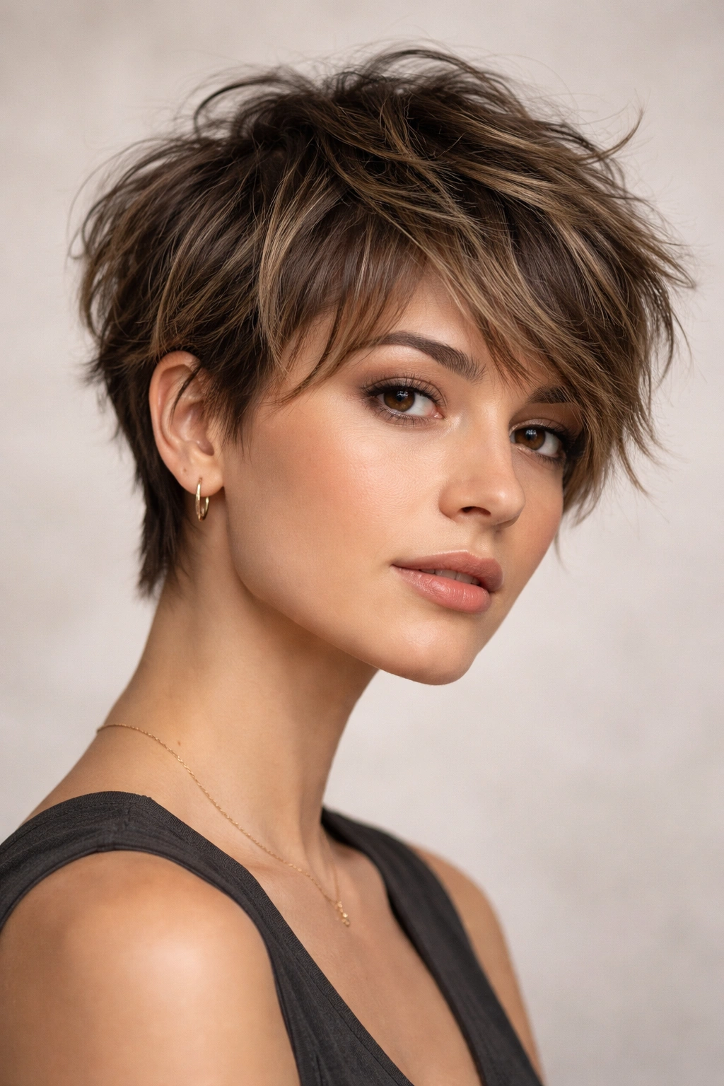 Long pixie hairstyle with choppy textured ends