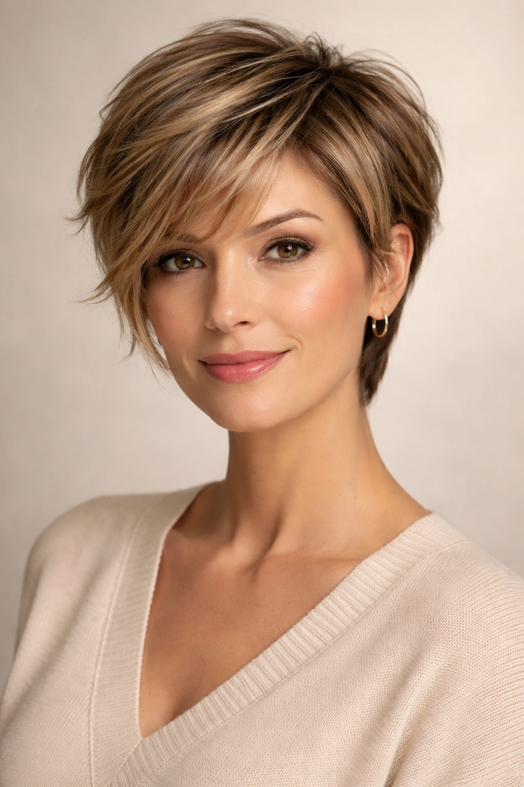 Person with a long pixie and face-framing layers in studio light