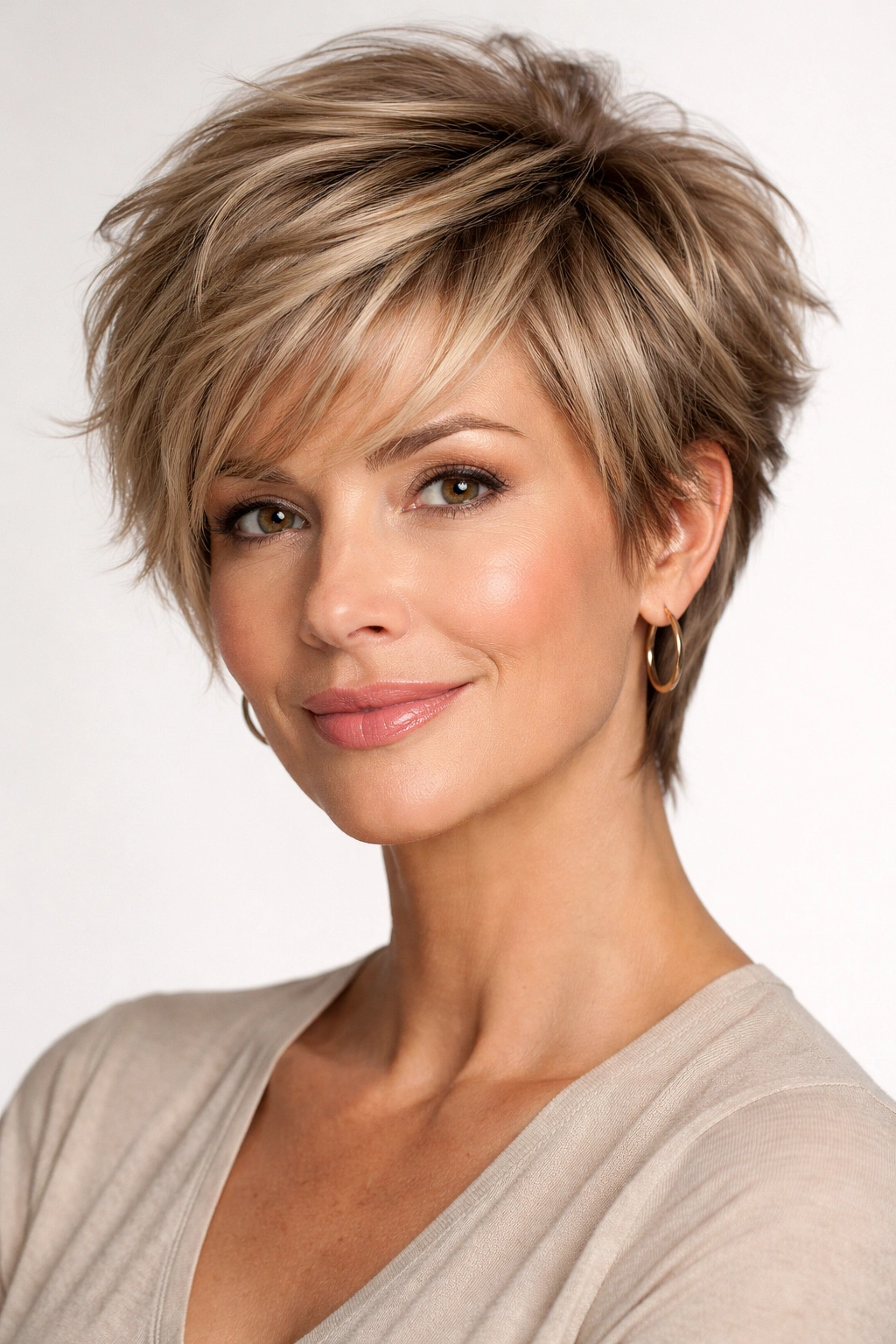 Portrait of thick hair styled in a long pixie with feathered layers