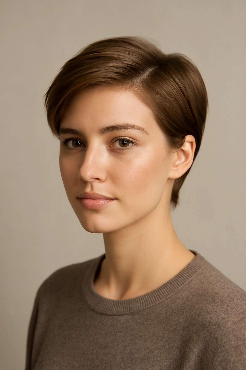 Long pixie growing out with longer top and tucked styling options.