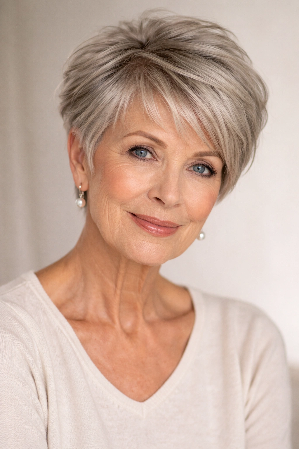 Close-up of an older woman with a long pixie haircut featuring longer crown layers and face-framing pieces