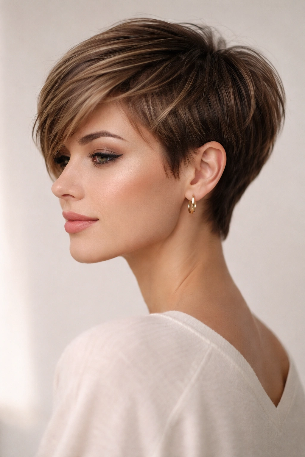 Portrait of a person with a long pixie hairstyle in a sleek, textured look in a studio setting