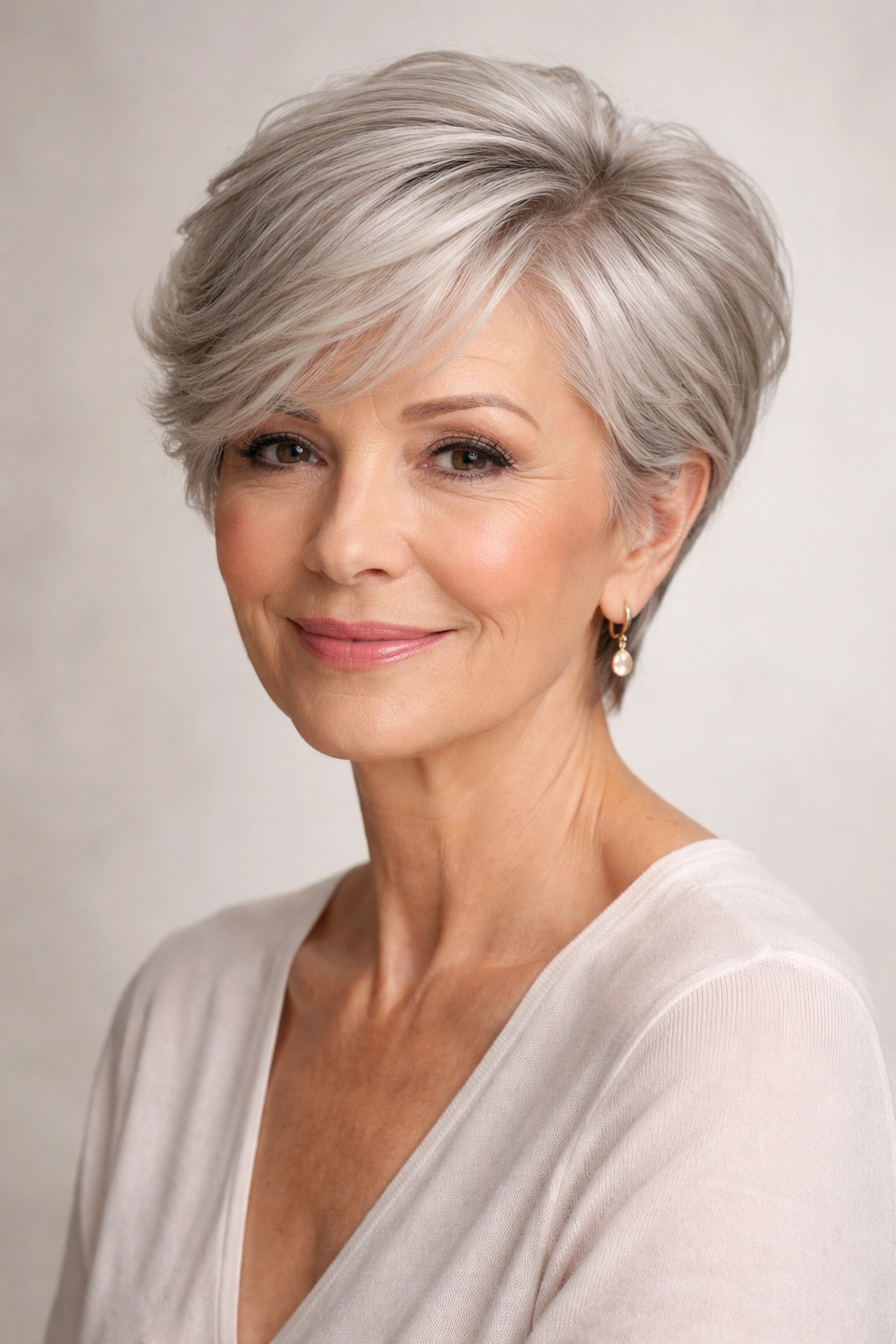 Close-up portrait of a woman with a long pixie hairstyle, longer top waves in a studio setting