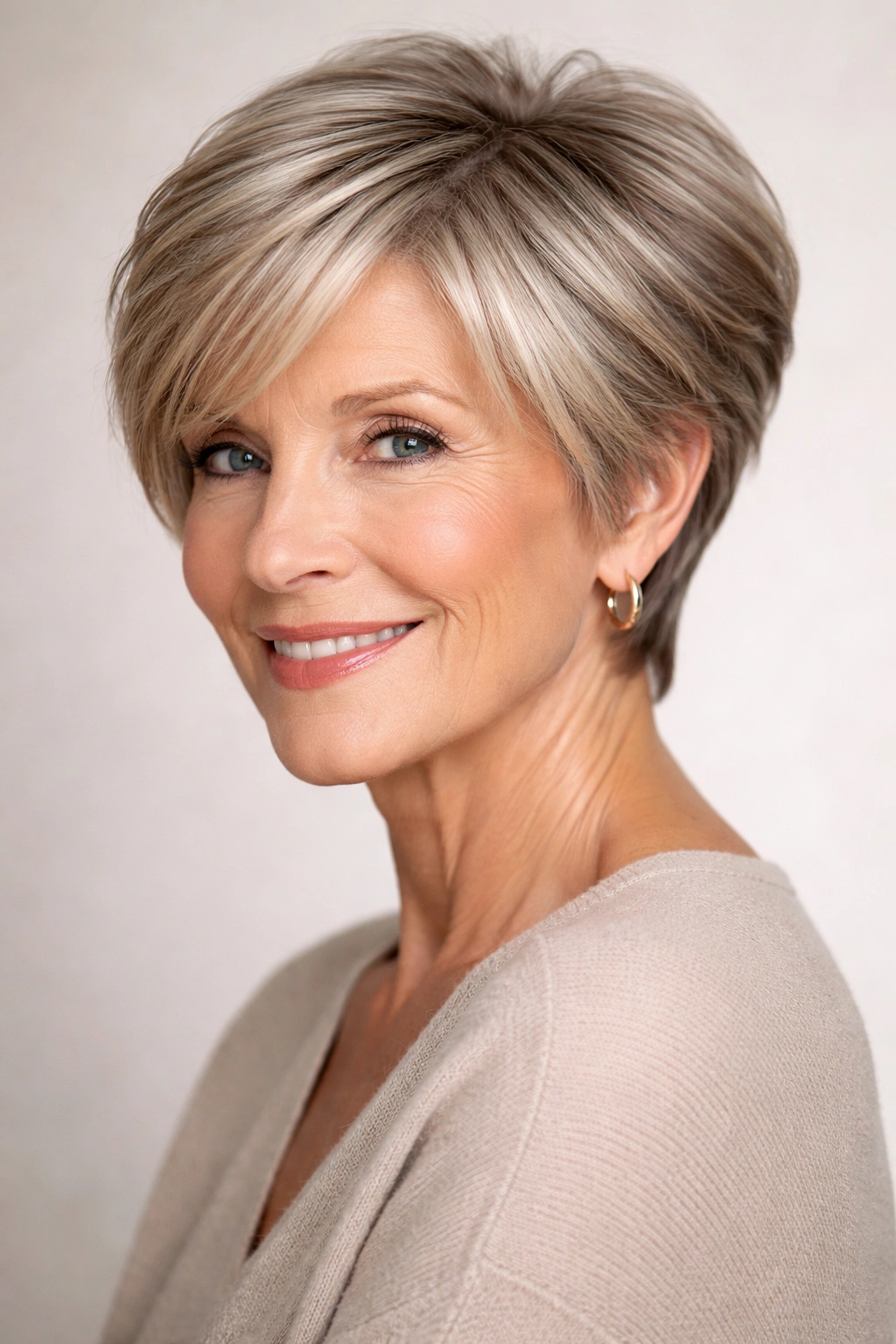 Mature woman with a long pixie cut and subtle highlights