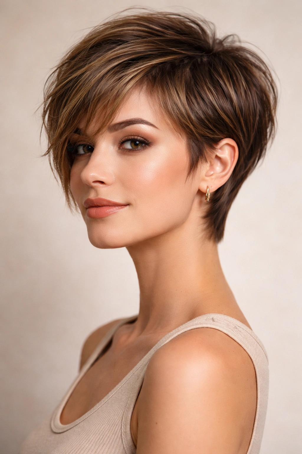Profile of long pixie hybrid at chin length with textured top and longer back