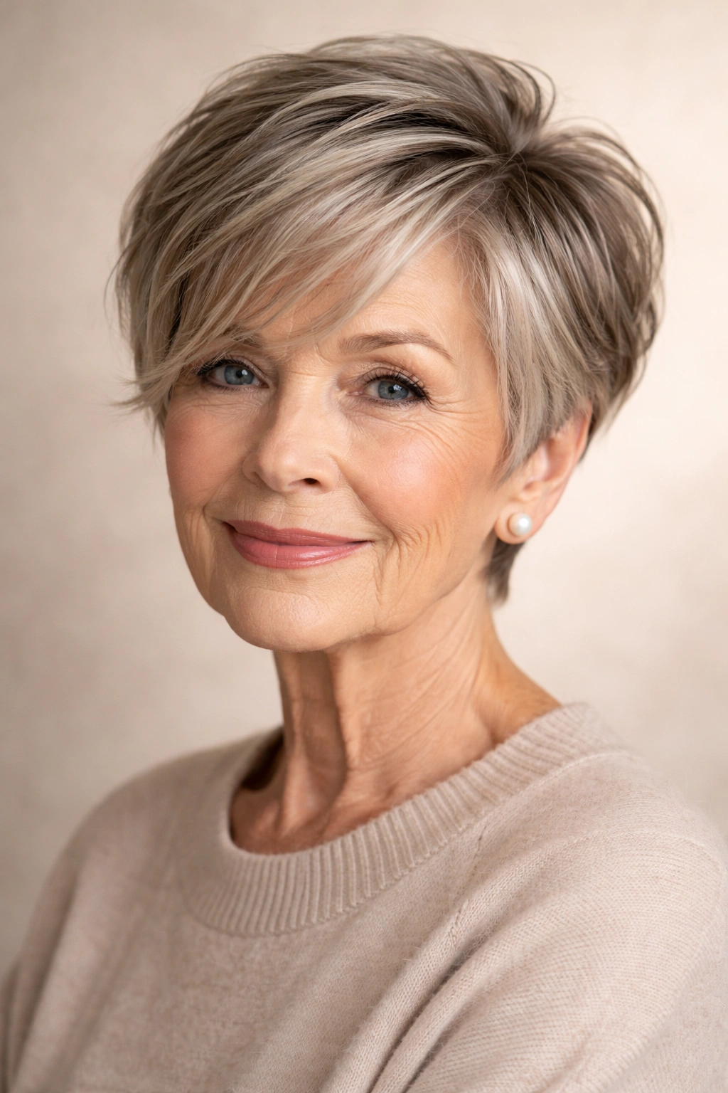Close-up of a woman with a long pixie and subtle lowlights.
