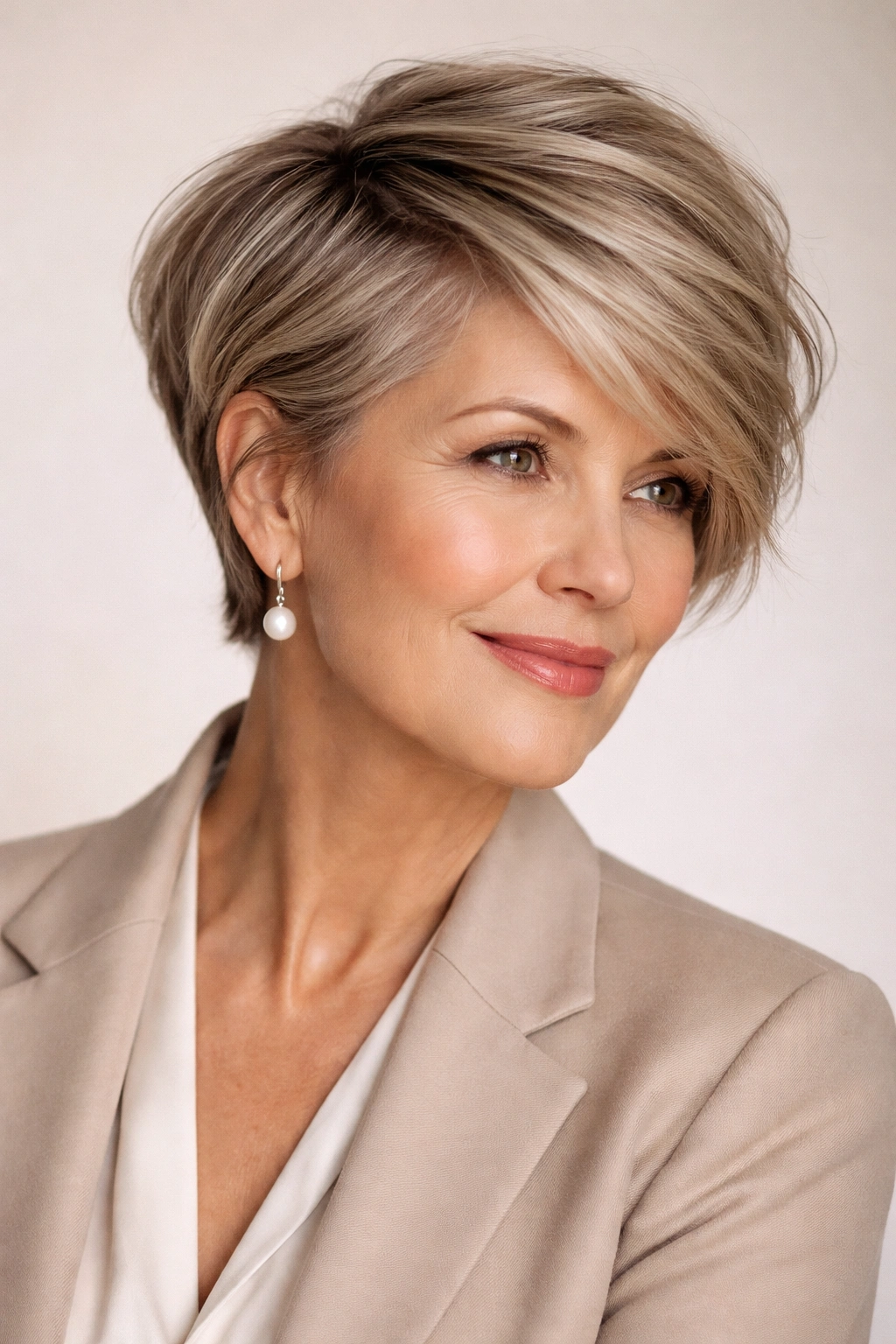 Side-parted long pixie with movement and textured layers on top