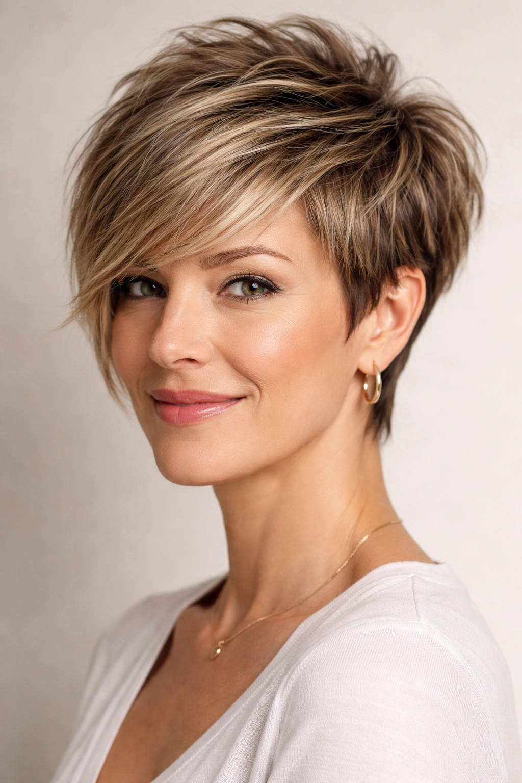Long pixie with textured crown showing lift on top