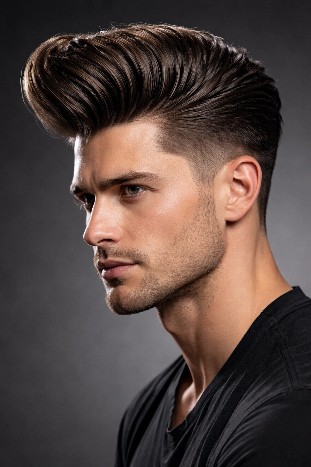 Long pompadour hairstyle with significant top length and wave