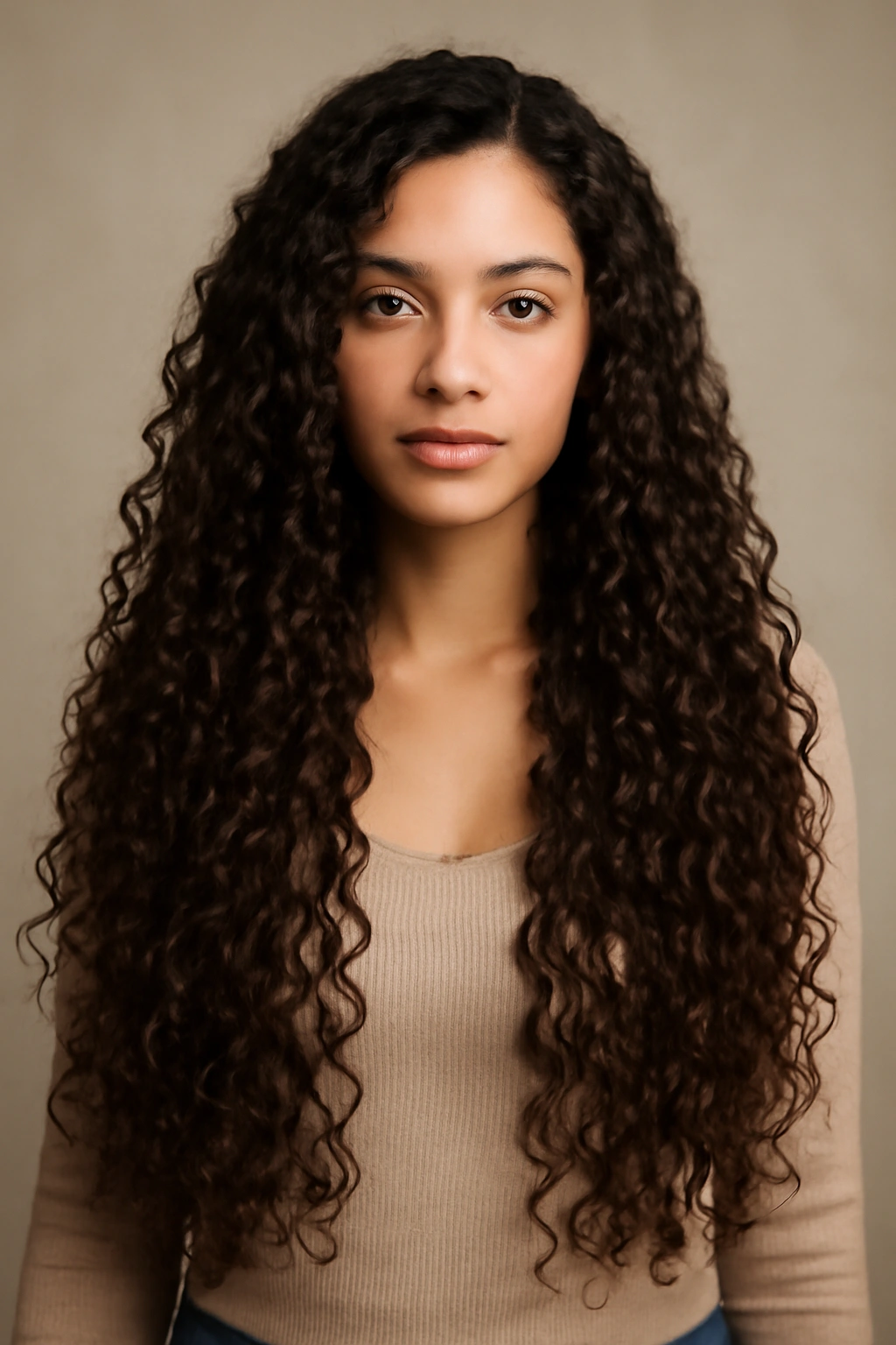 Full-head view of long curly hair with minimal layering for weightless curls