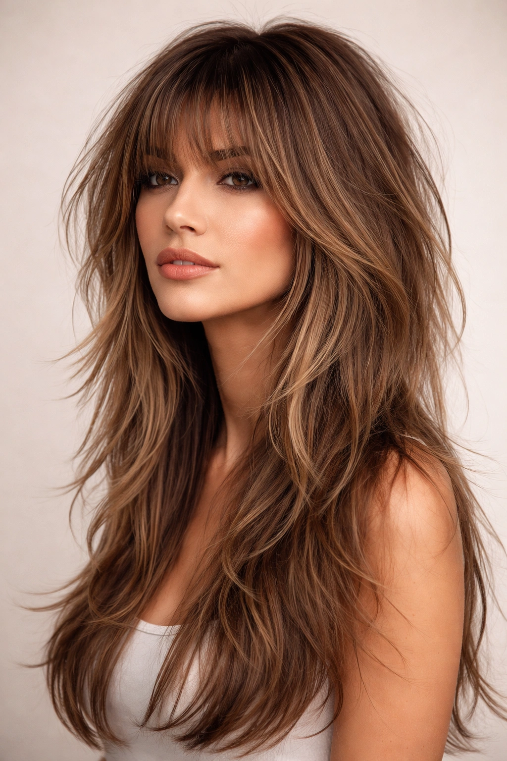 Portrait of Long Layered Shag with Bangs showing graduated layers and shag fringe