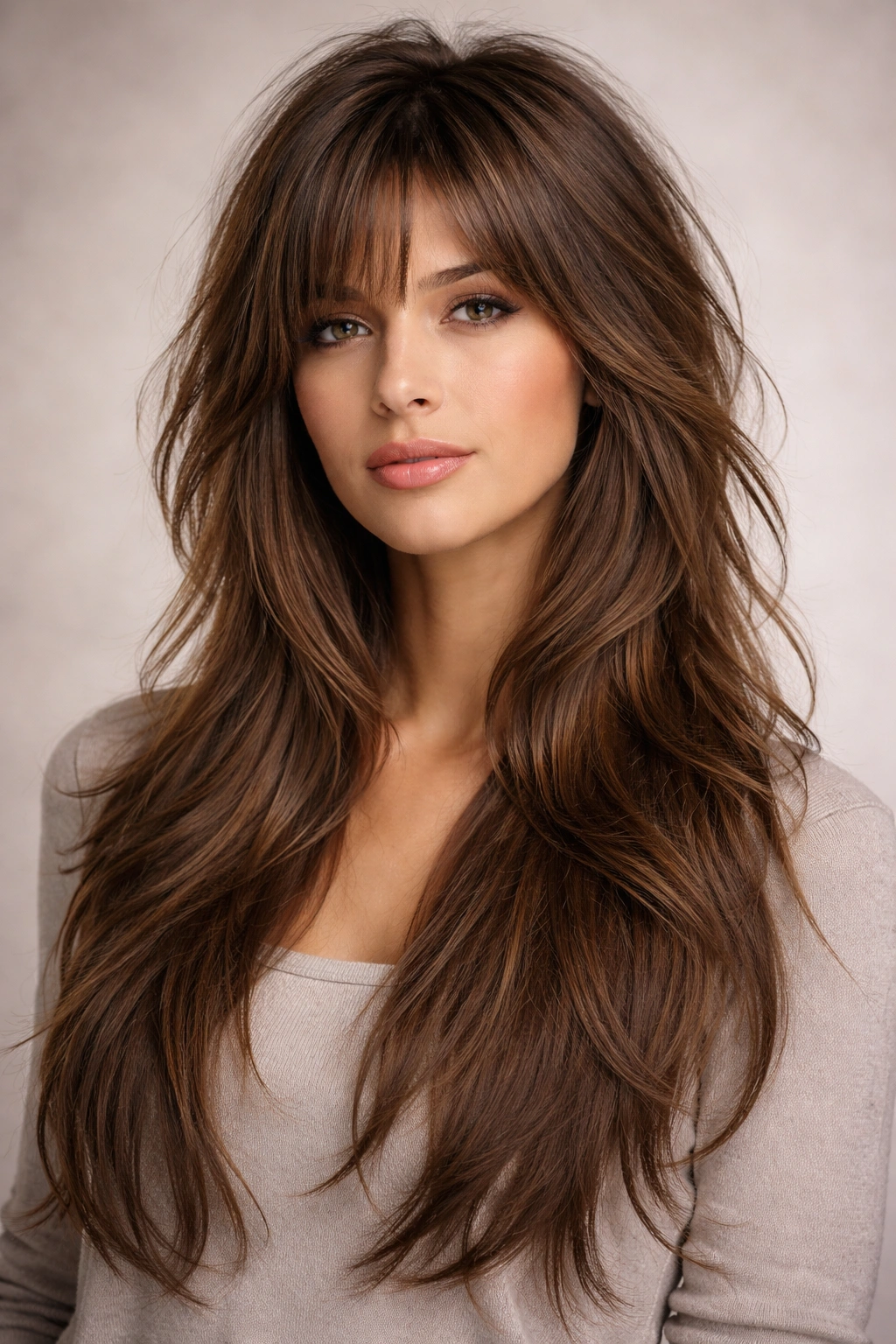 Long shag with short crown texture and flowing layers down to bra-strap length