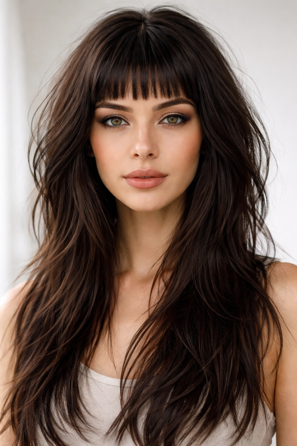 Portrait of a person with long shag hair and micro-bangs.