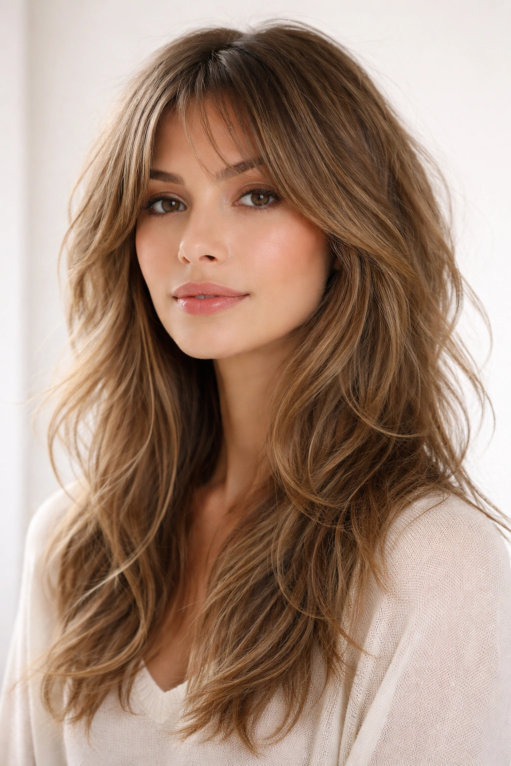Long shag haircut with strategic layering on fine wavy hair, studio portrait