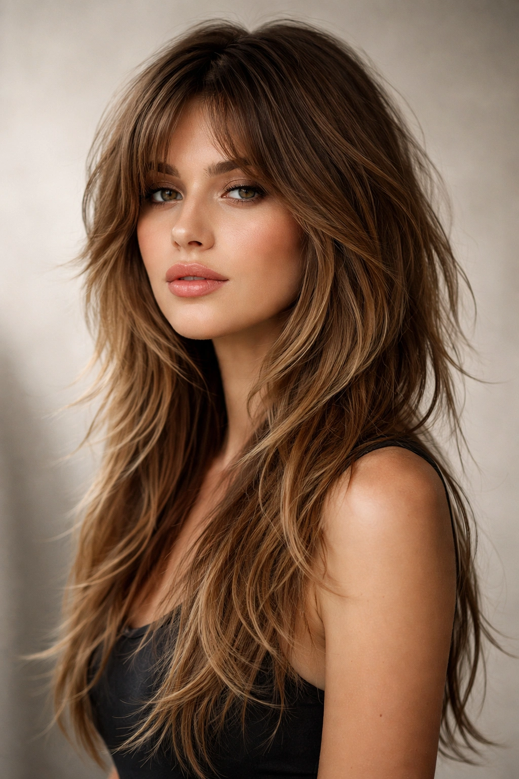 Portrait of hair with long shag and choppy layers framing the face