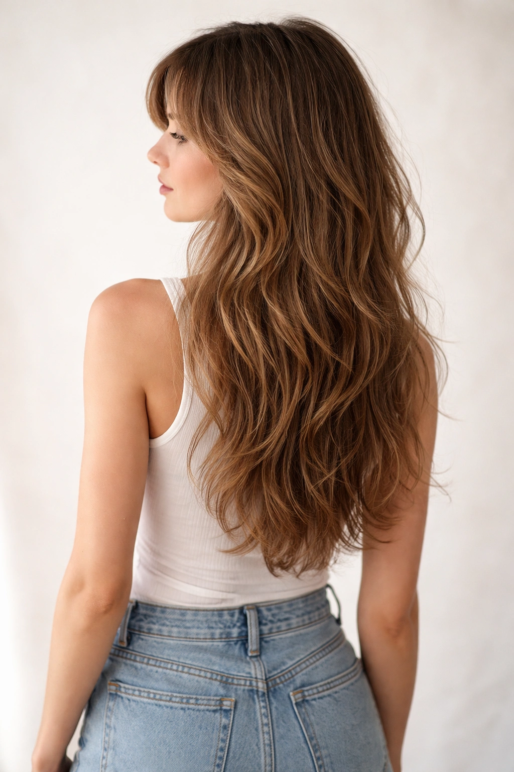 15 Medium Shag Haircuts For Straight Or Wavy Hair 5 Full-length shot of a model with a long shag reaching mid-back and subtle layers.