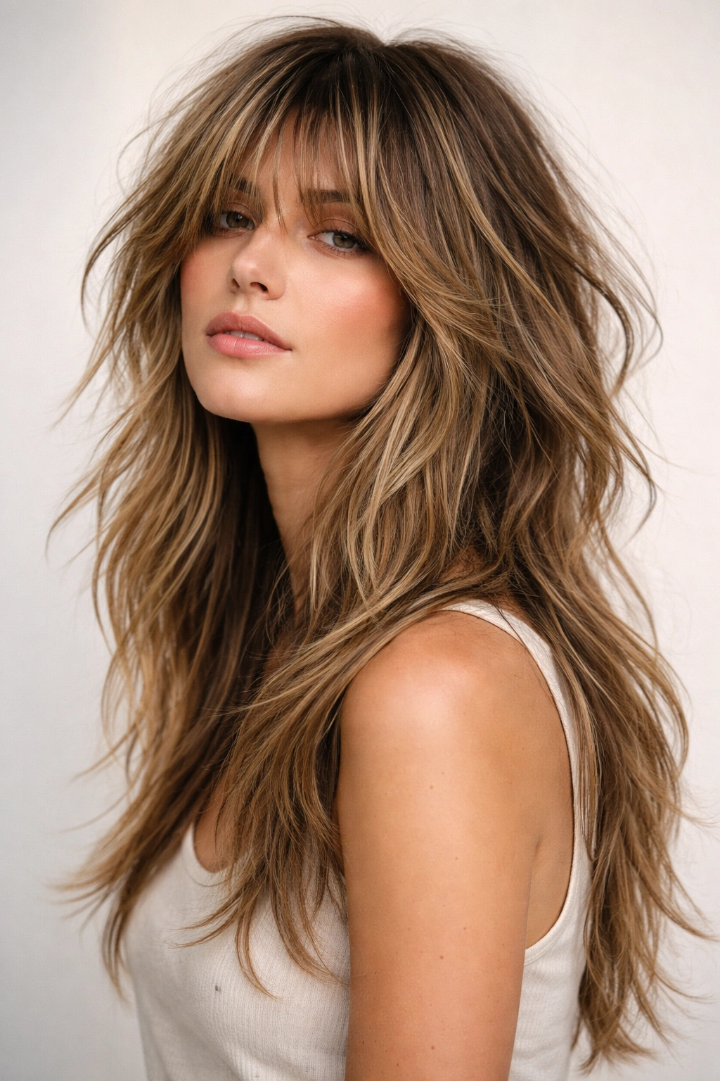 Portrait of Tousled Long Shag with layered, undone texture