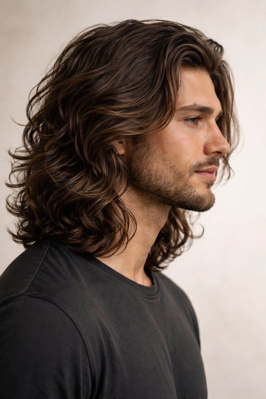 Shoulder-length wavy hair on a man