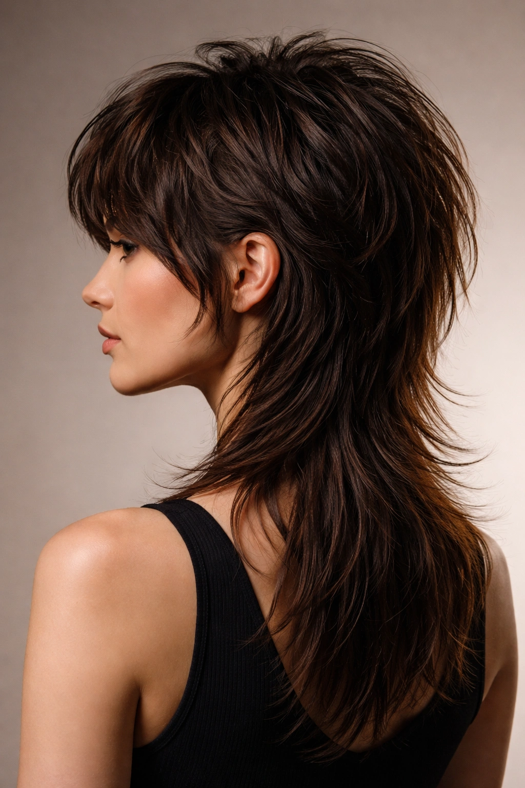 Profile view of Long Shullet with Tapered Nape showing back length and fade