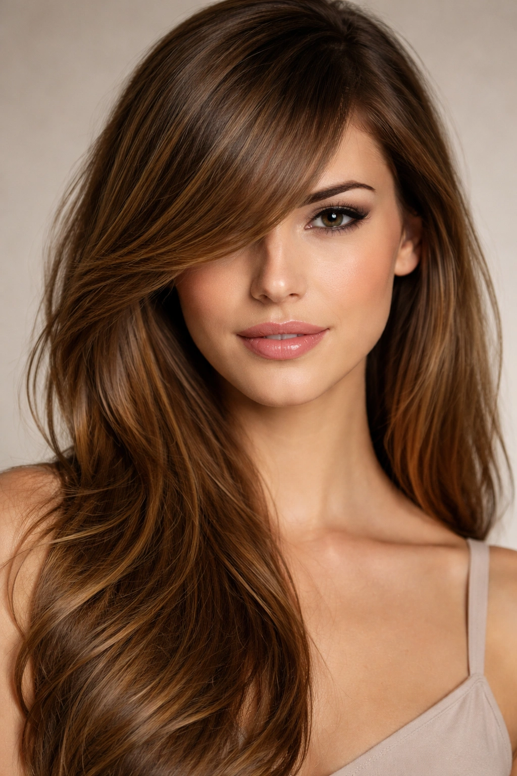 Close-up of long side swept bangs extending past the cheekbone