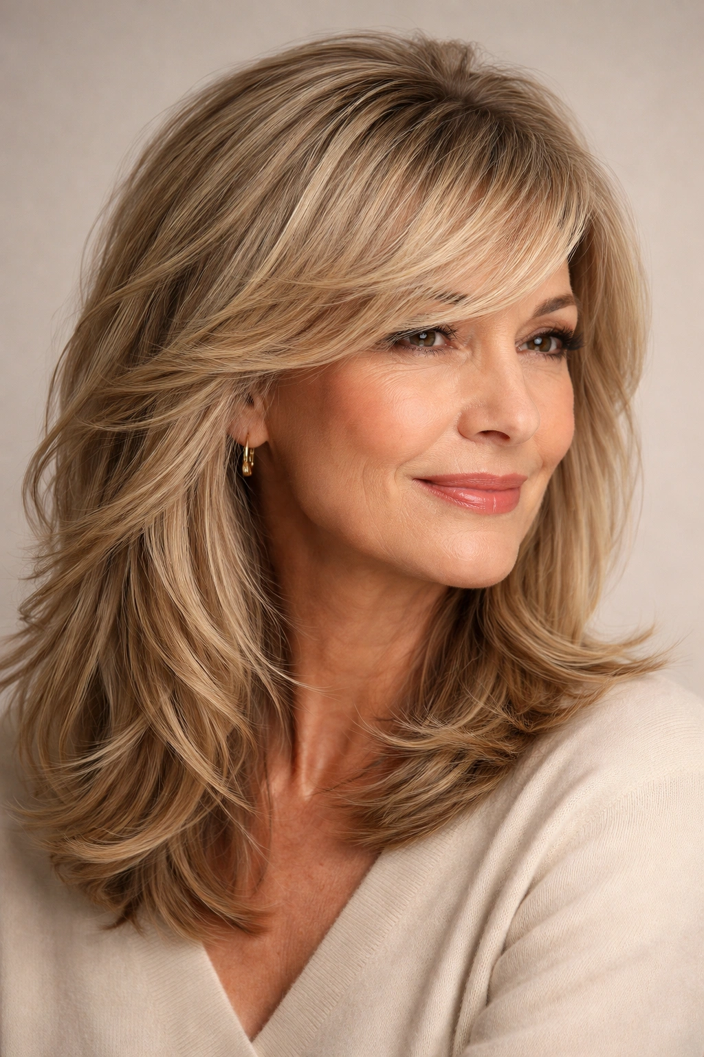 Long side-swept bangs with textured layers on shoulder-length hair