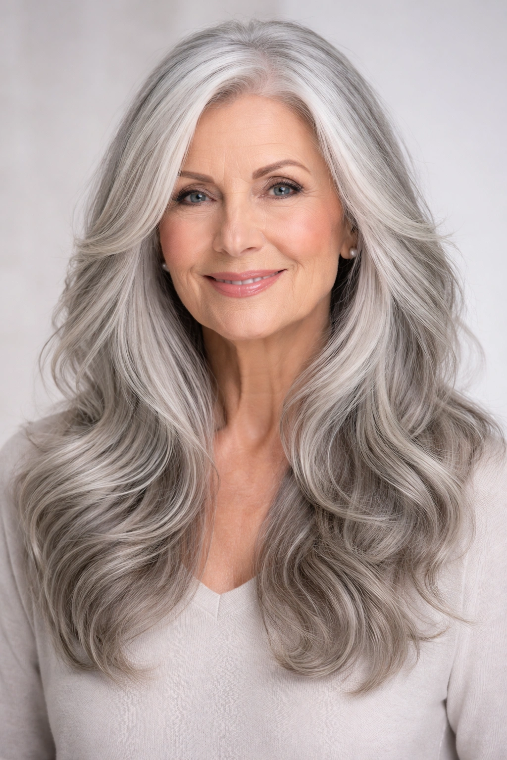 Portrait of long silver hair styled in layered waves with cheekbone-face framing pieces.