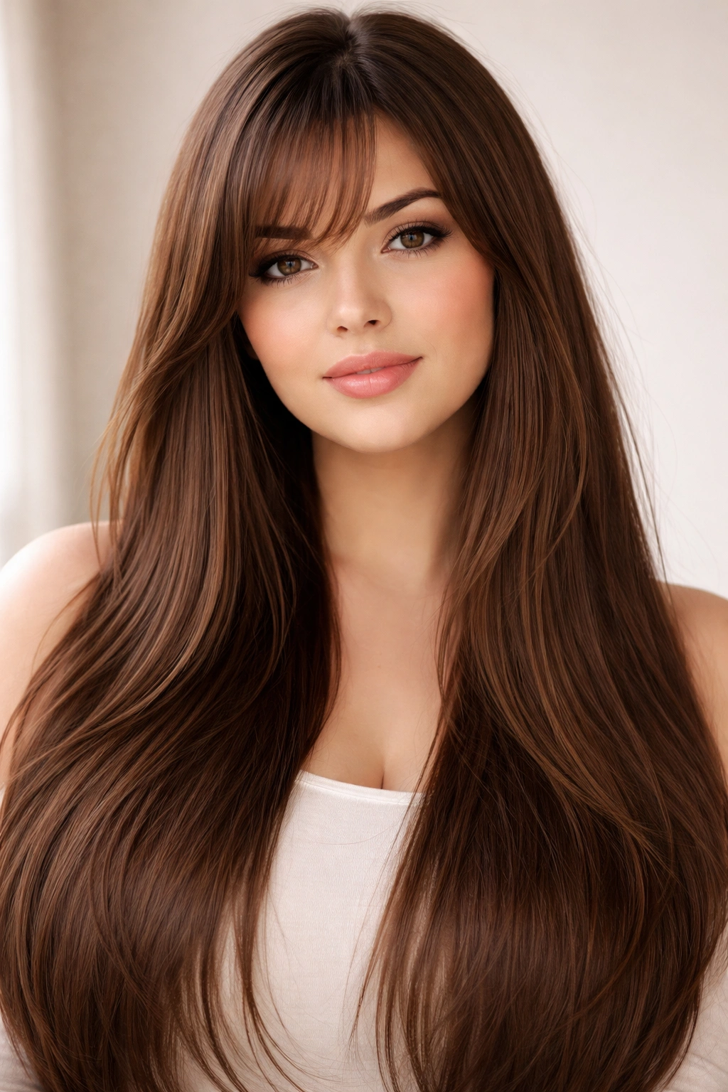 15 Slimming Haircuts That Flatter Fuller Faces 4 Long straight cut with wispy side bangs that elongate the face