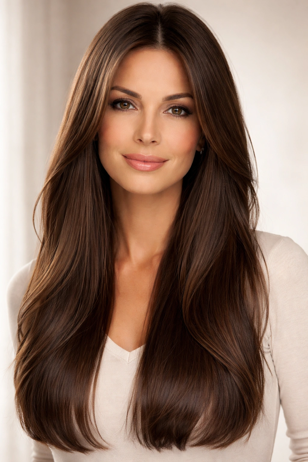 Close-up of long straight hair with soft face-framing pieces