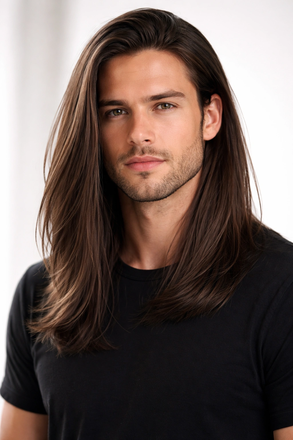 Long, sleek straight hair on a man with shoulder-length locks