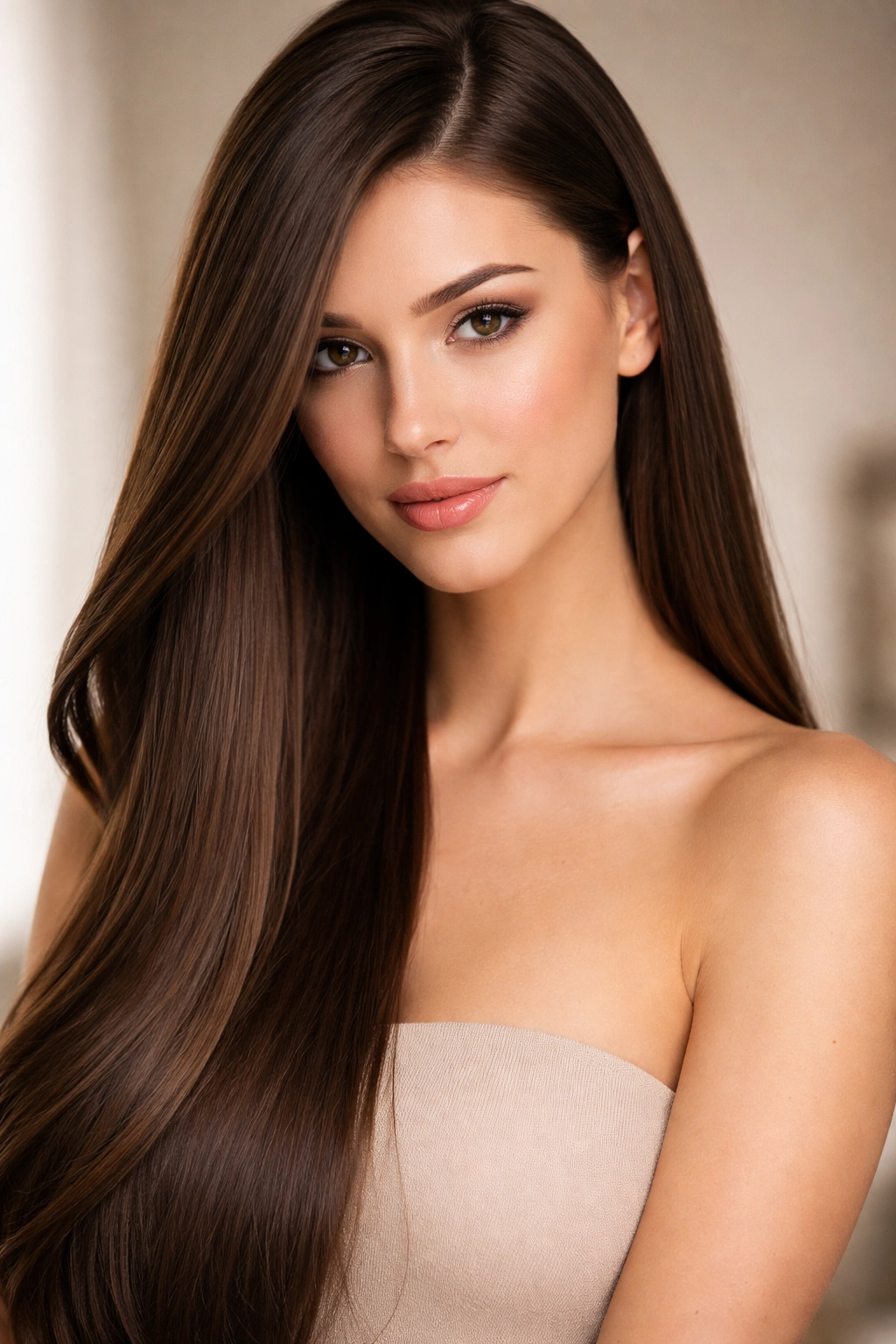 Long straight hair with a deep side part on a model
