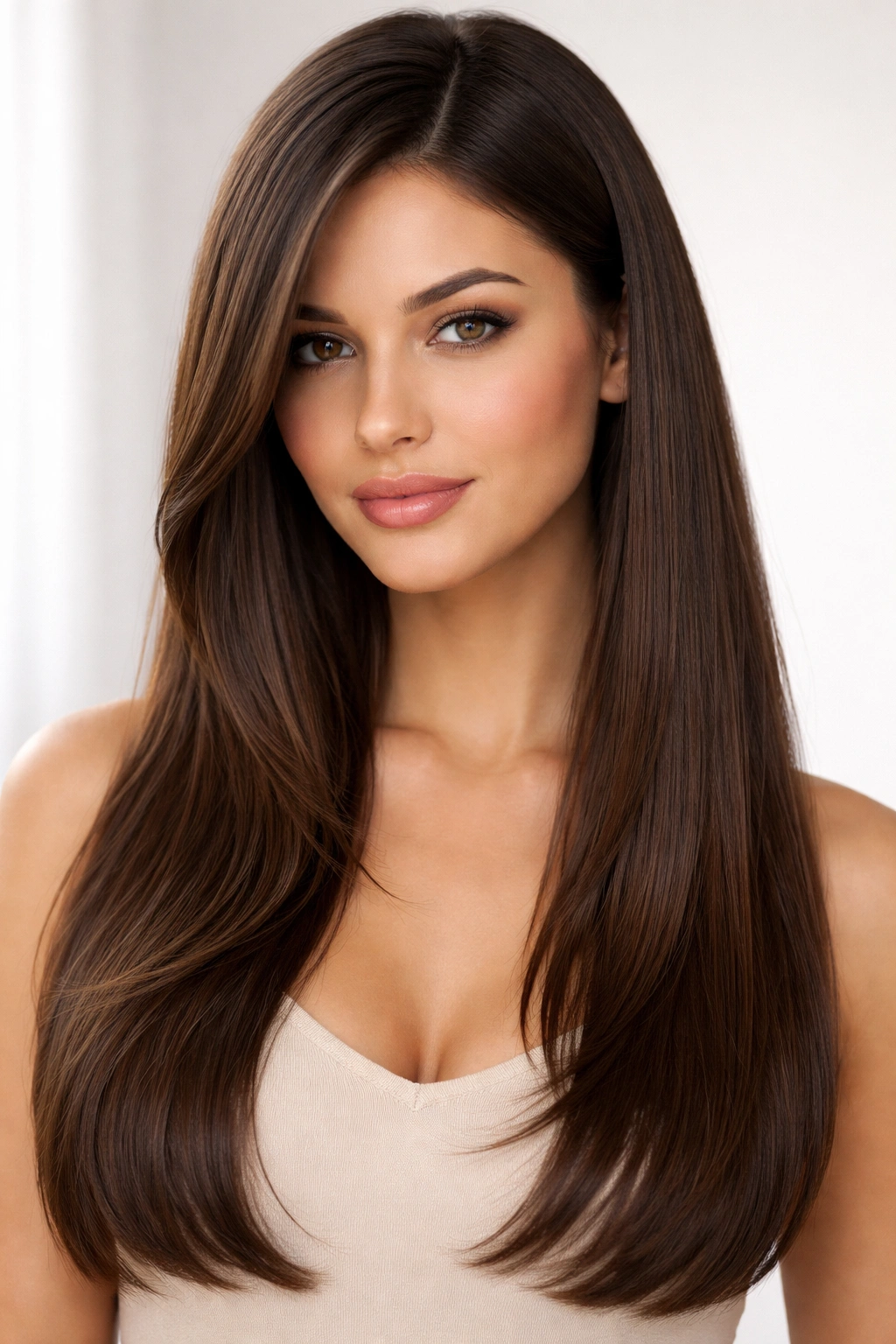 Long straight hair with deep side part and face-framing layers