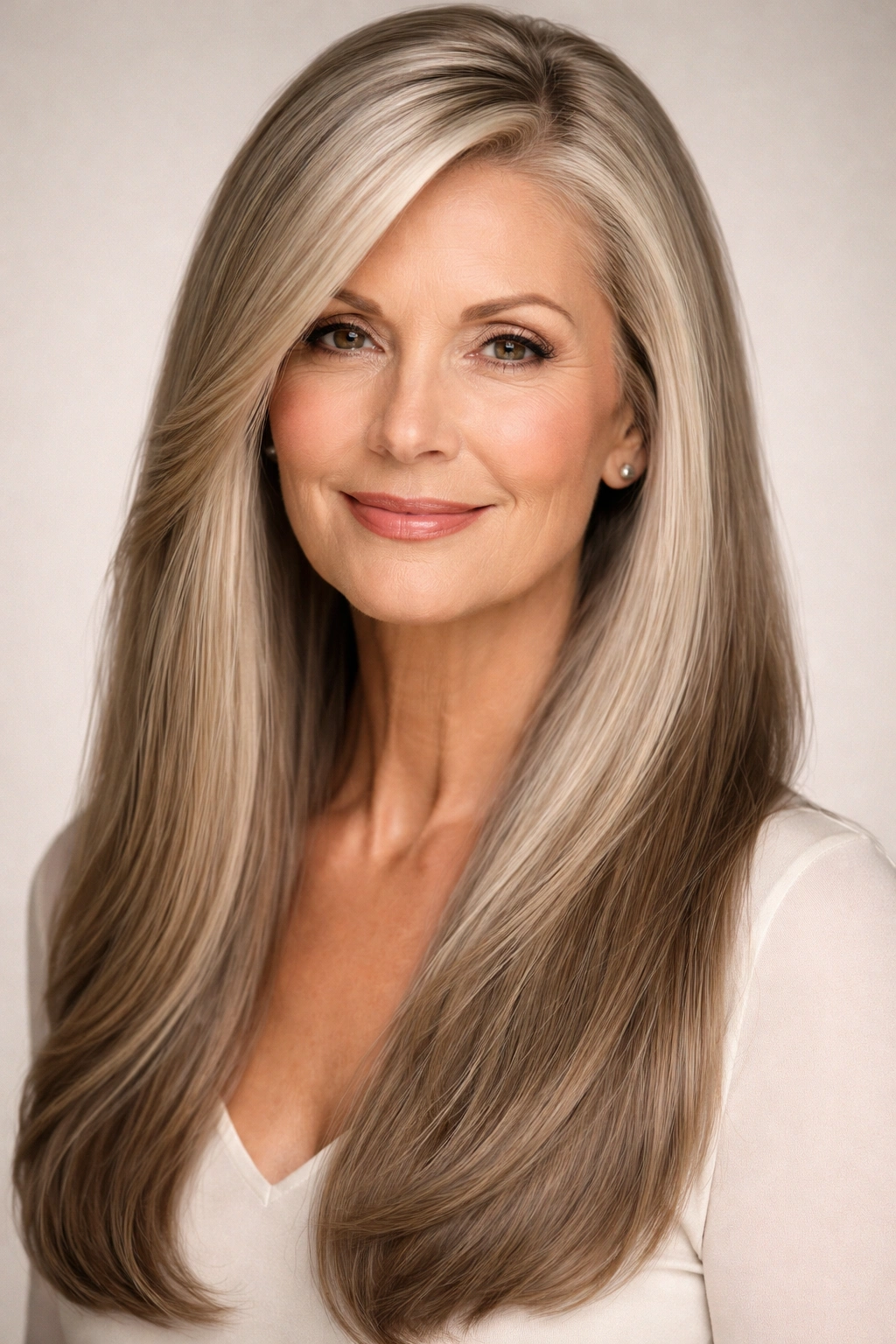 Close-up portrait of long straight hair with a deep side part in studio lighting