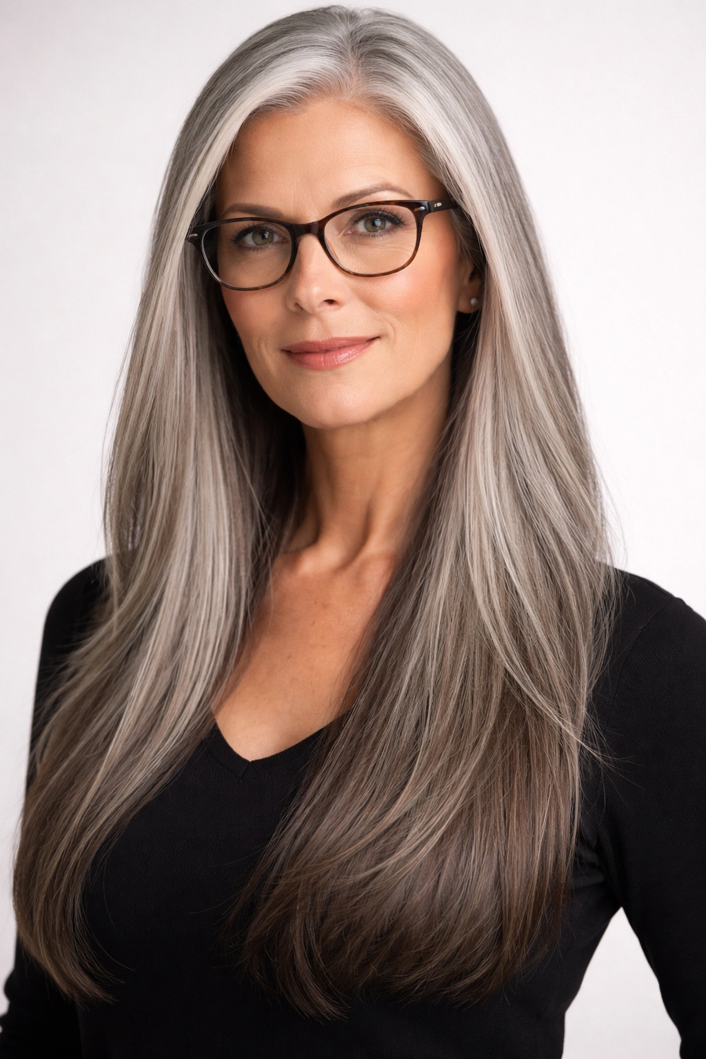 Portrait of a woman with long straight hair and glasses, exuding confidence.