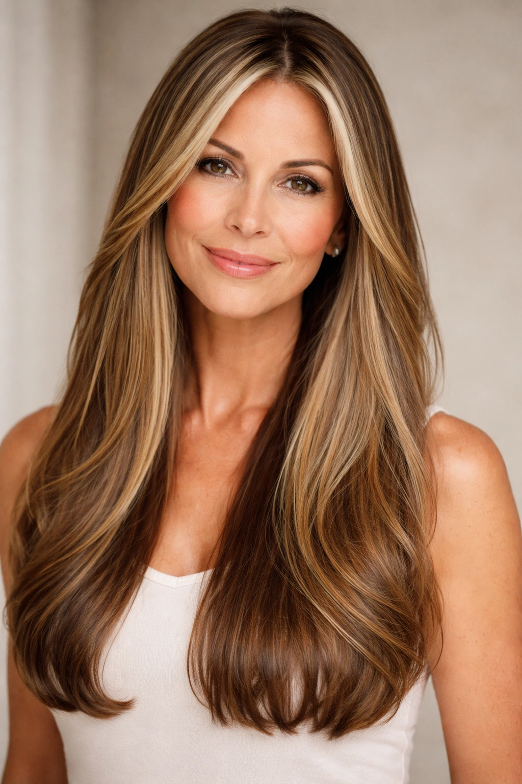 Close-up of a woman with long straight hair and face-framing highlights