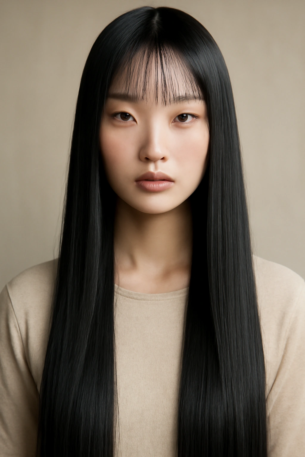 15 Korean Hairstyles Women Are Copying Right Now 4 Long straight hair with micro bangs along lash line, glossy and sleek.