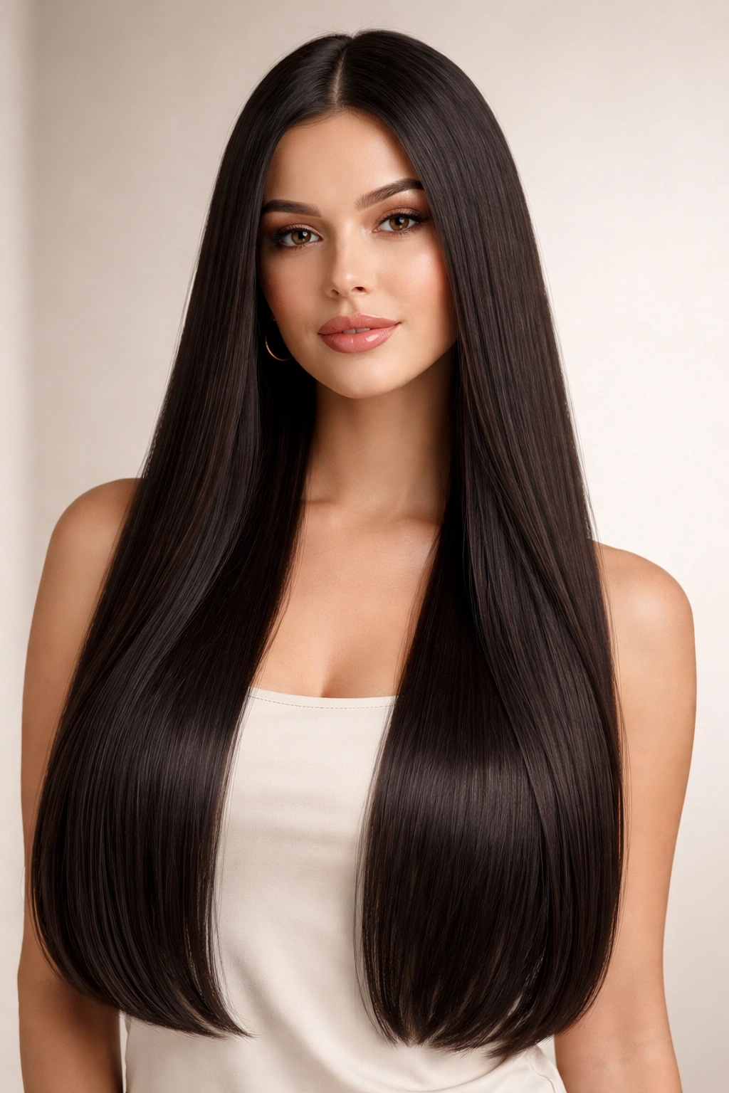 Portrait of a person with a long straight cut past the shoulders and minimal layers.