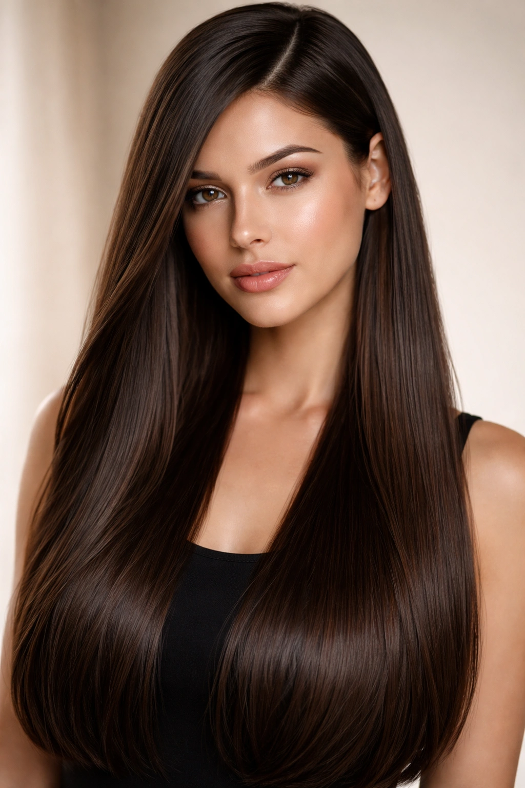 12 Hairstyles That Flatter A Wider Face Shape 4 Portrait of long straight hair with a deep side part.