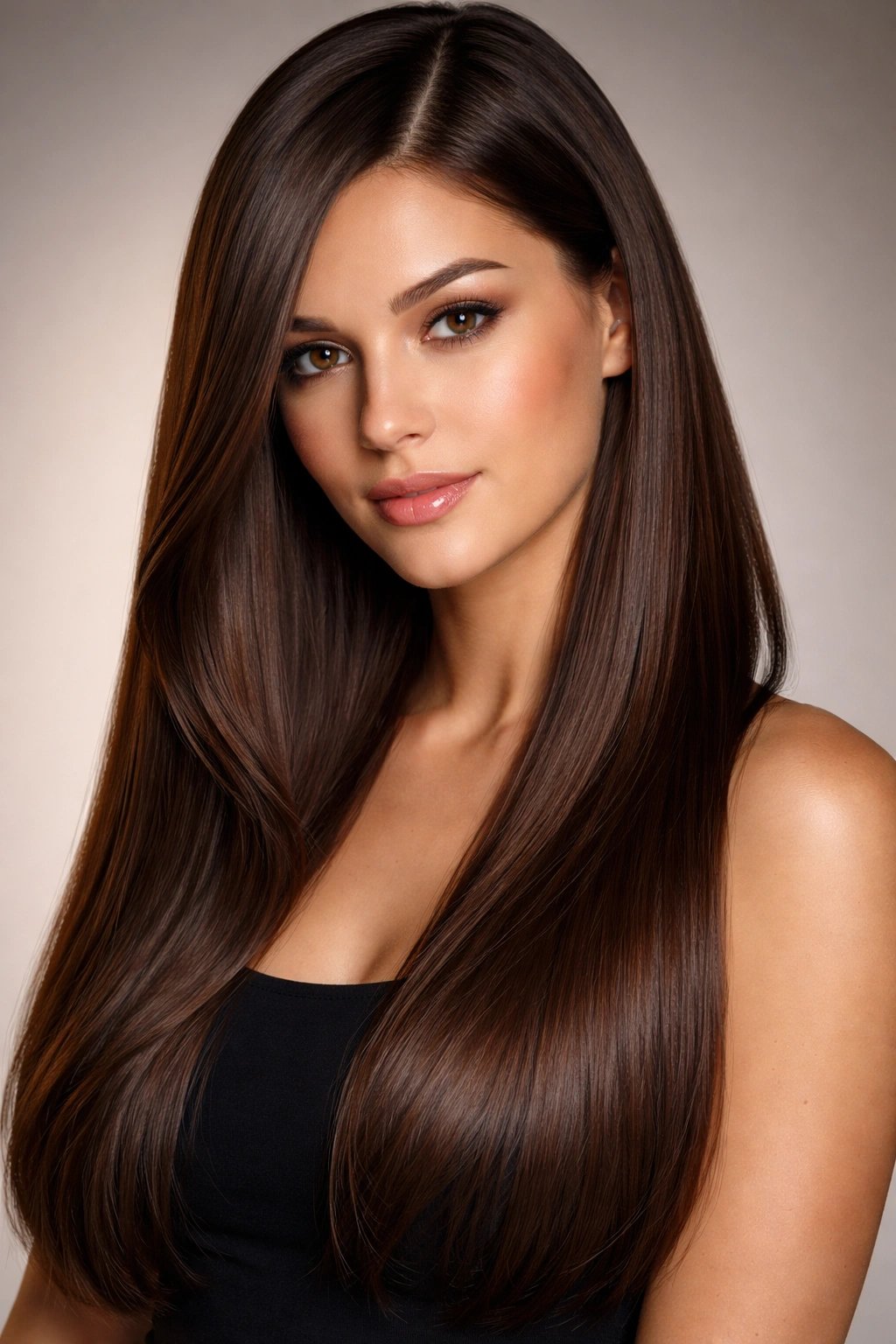Long straight hair with a deep side part and subtle face-framing layers.