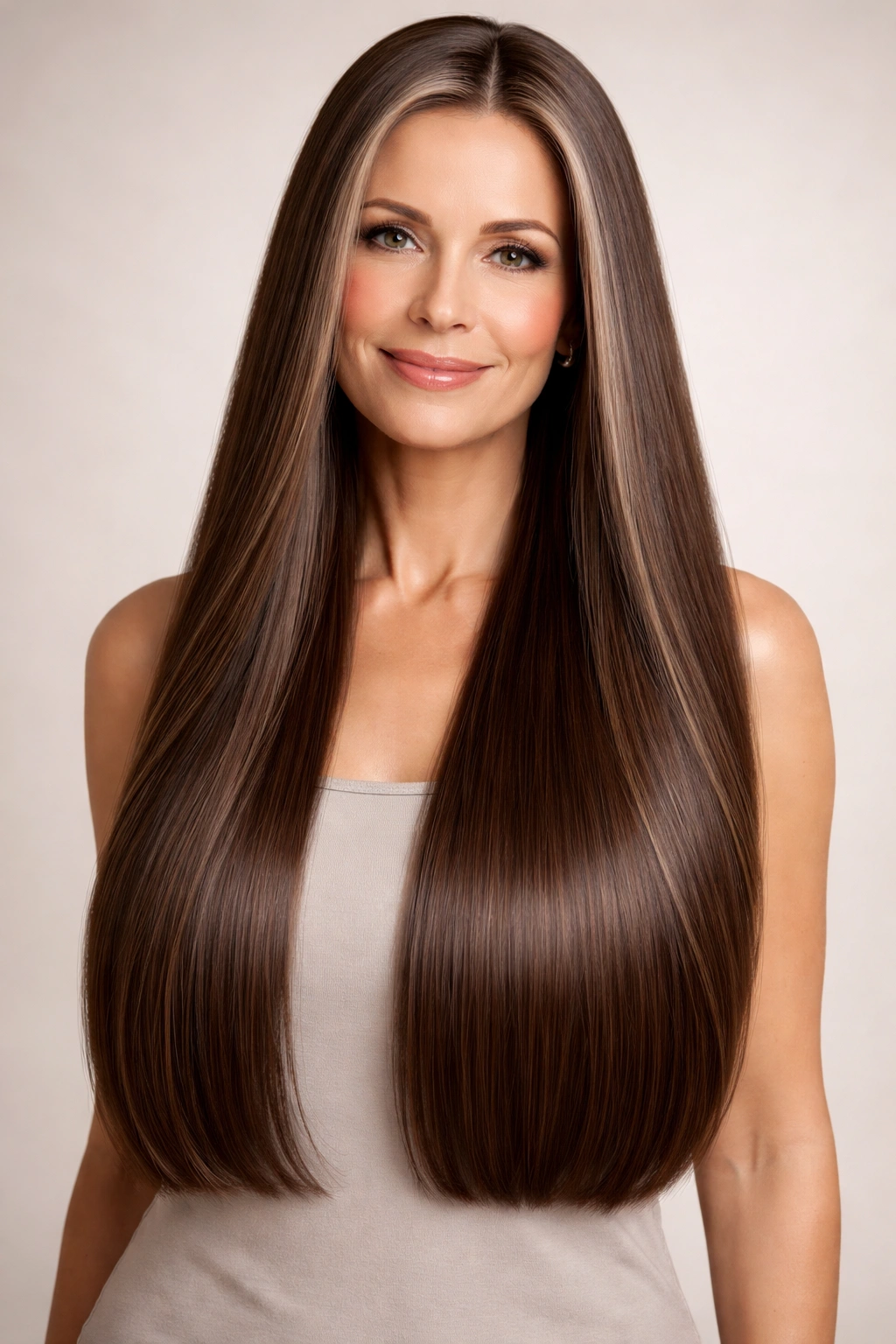 Long straight hair with sleek, polished finish.