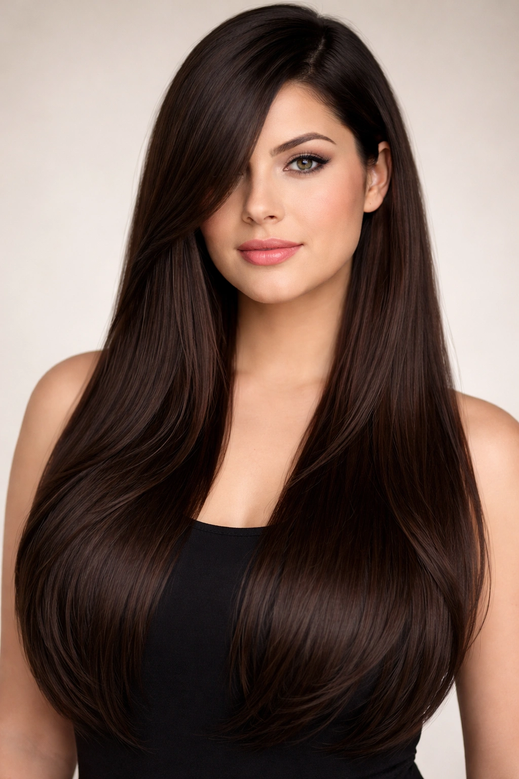 Long straight hair with subtle layers and deep side part on a clean studio portrait
