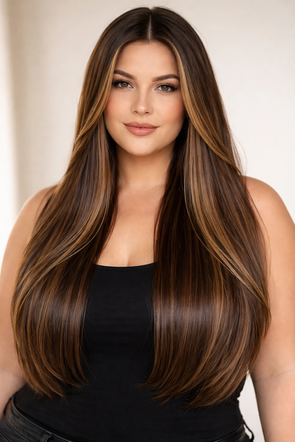 Long straight hair with subtle highlights on a plus-size model, showcasing shine.