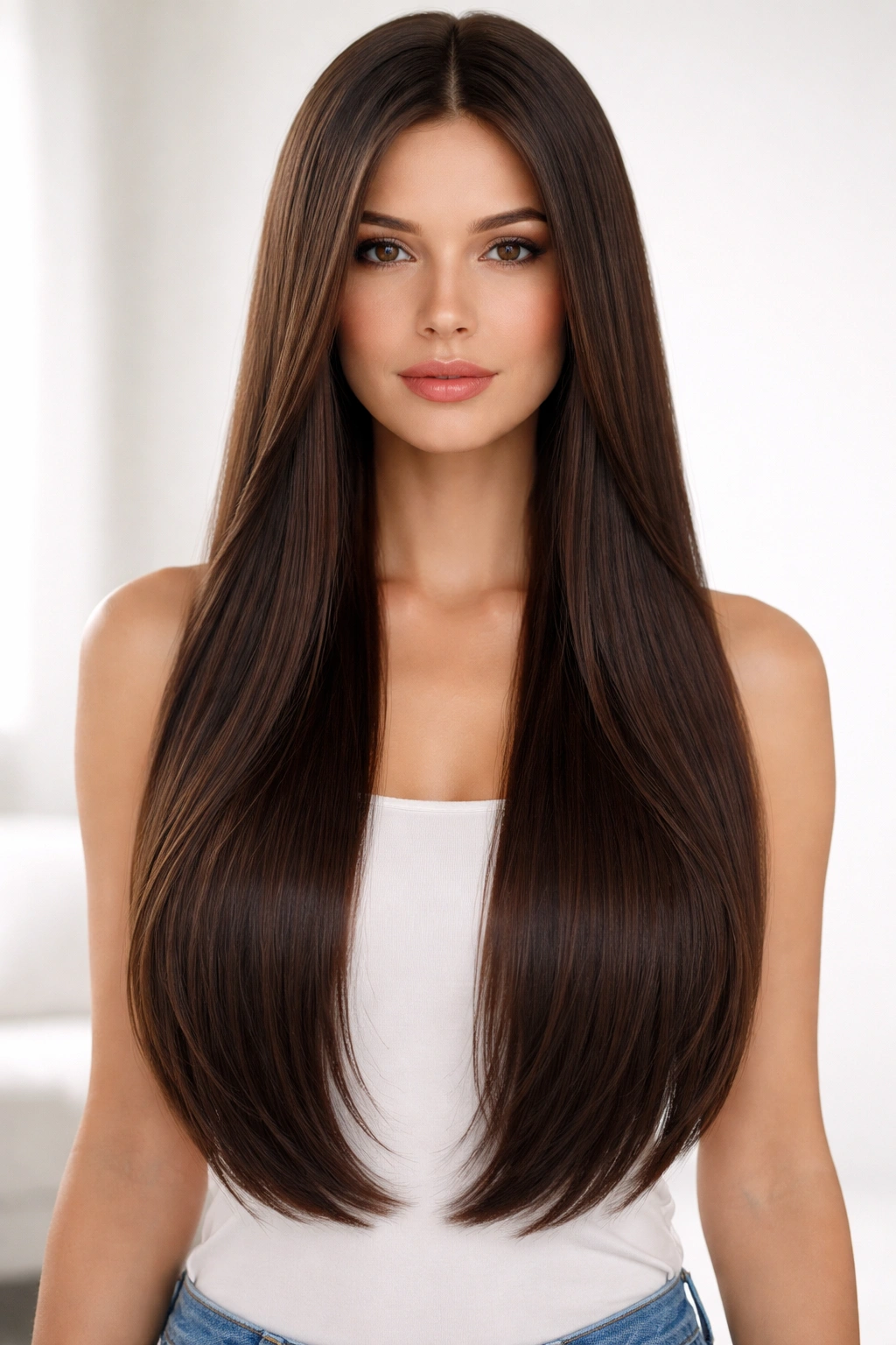 Long straight hair with invisible layers and sleek finish