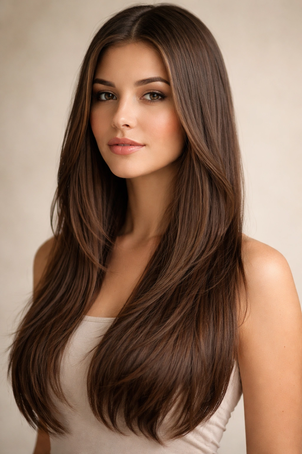 15 Hairstyles For Round Faces You Ll Want To Copy 1 Close-up of long straight hair with subtle layers in a studio