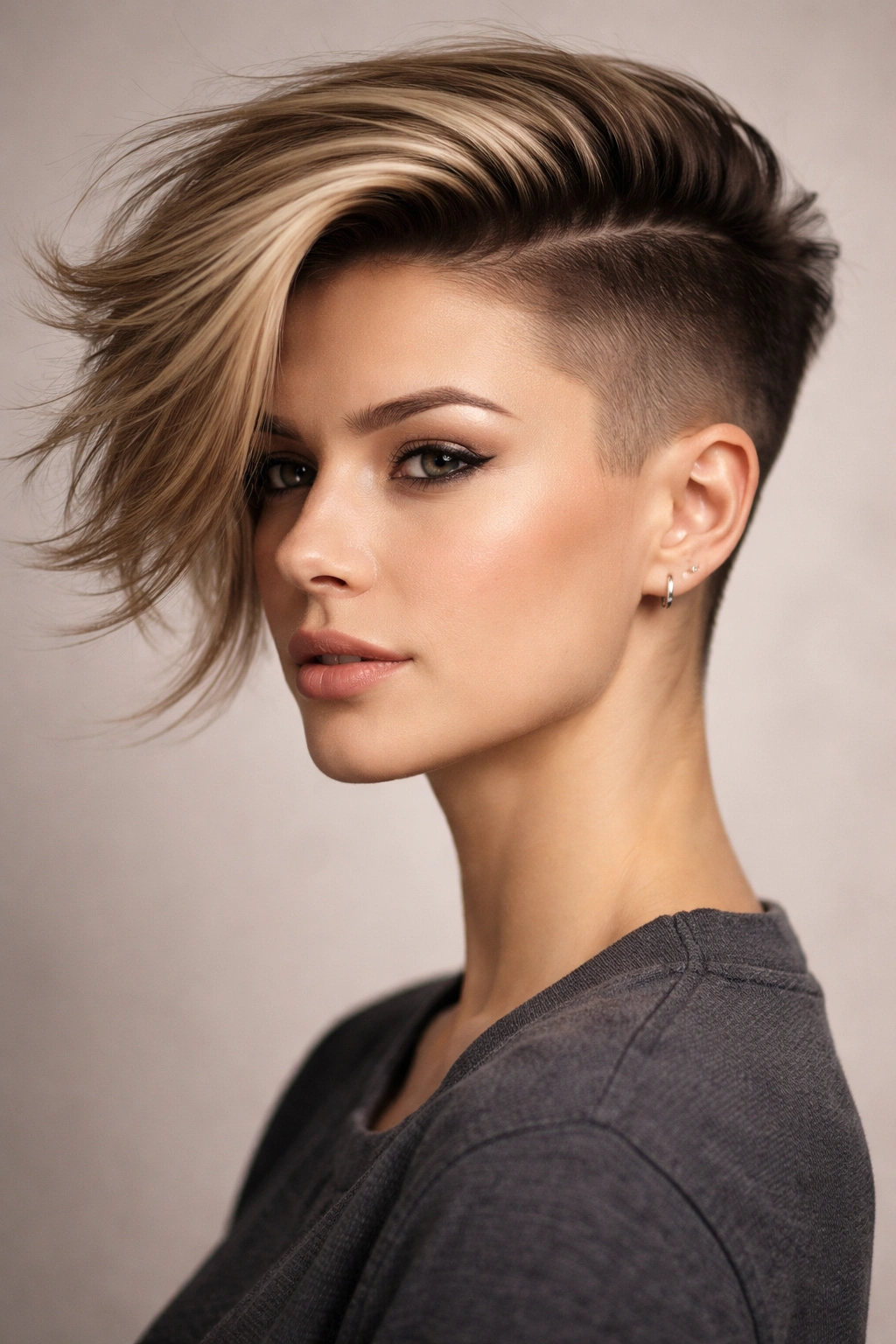 Portrait of a woman with a long swept top over a short undercut in studio lighting
