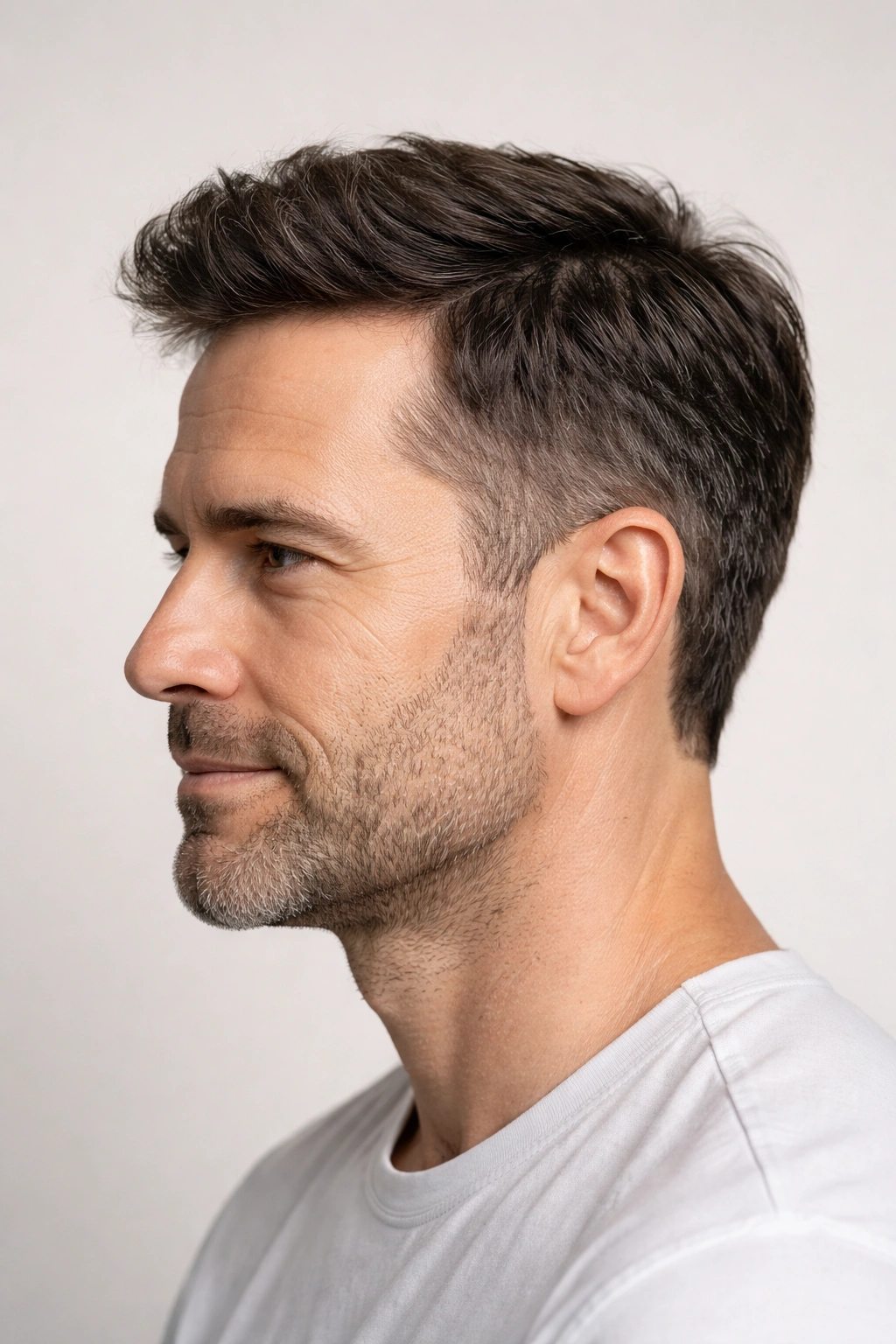 Profile view showing transplanted hair growth years after surgery